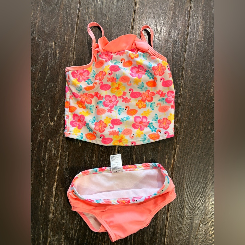 healthtex Girls Flamingo Floral Two-Piece Swim Set - Coral, Yellow, Teal